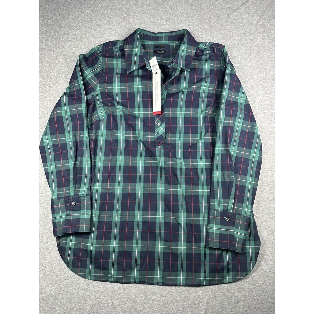 Talbots Non Iron Long Sleeve Shirt Green Blue 1/4 Button Women’s‎ Size 6 NWT